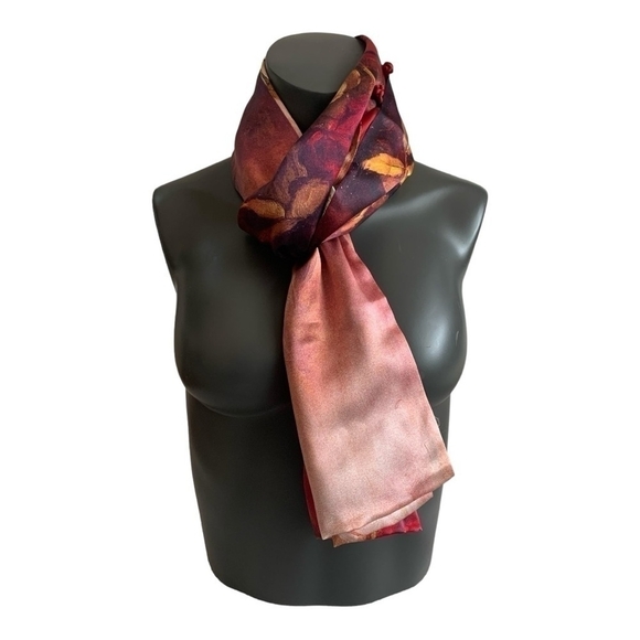 ASILK Red Watercolor Floral Mulberry Silk Scarf Wrap Cover Up NWT - Picture 2 of 9